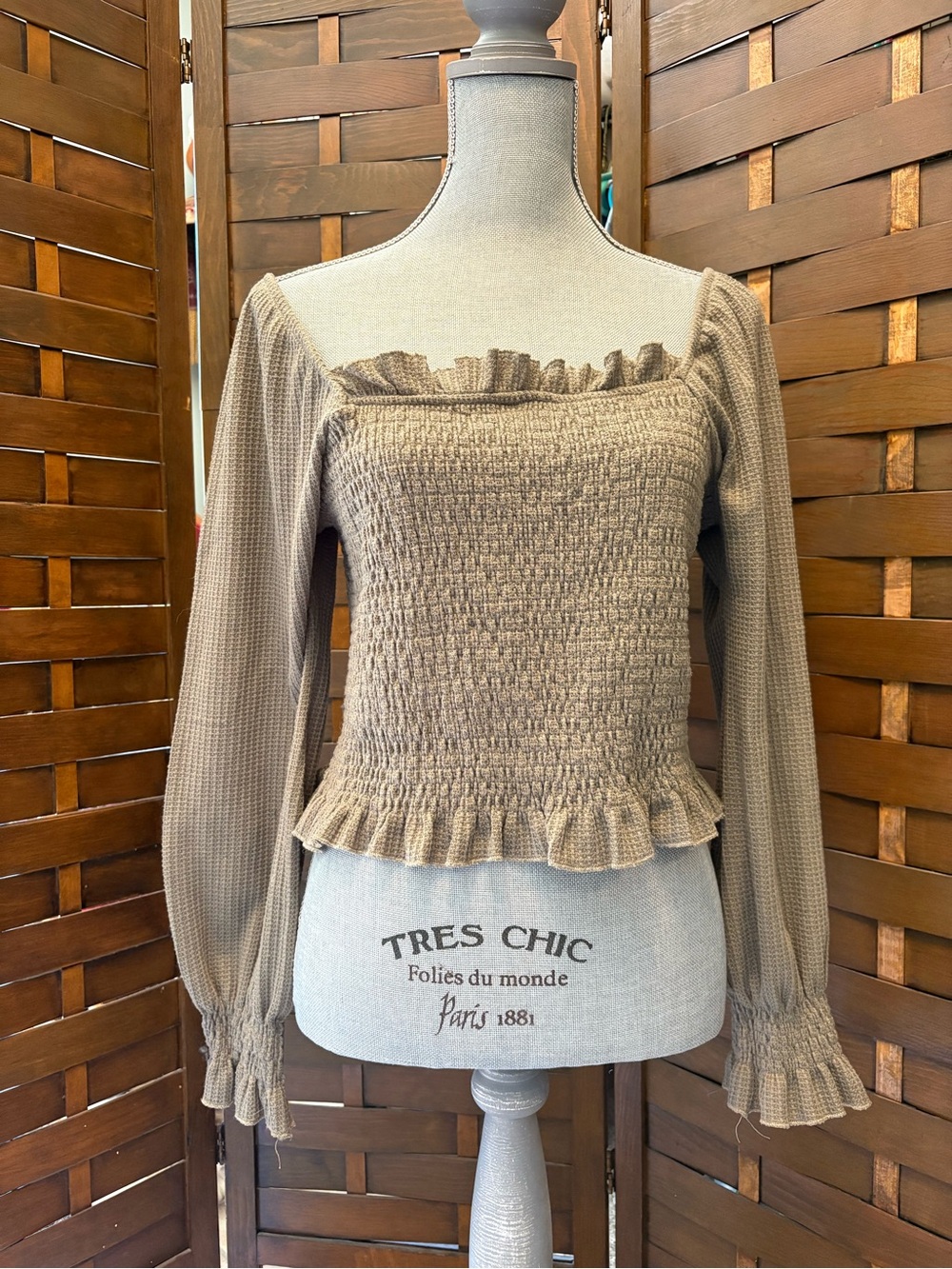 Altar’d State Smocked Ruffle Square-Neck Top Taupe size large